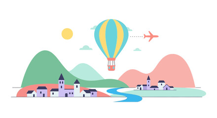 Fototapeta premium Hot air balloon over village, travel concept