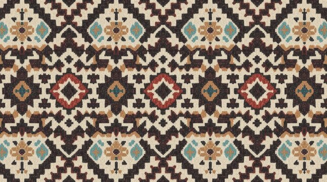 Traditional Geometric Ethnic Pattern Seamless Background with Tribal Kilim Ornaments and Earth Tones