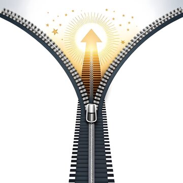 Zipper opening to reveal bright glowing arrow pointing upwards with progress business development achievement optimization