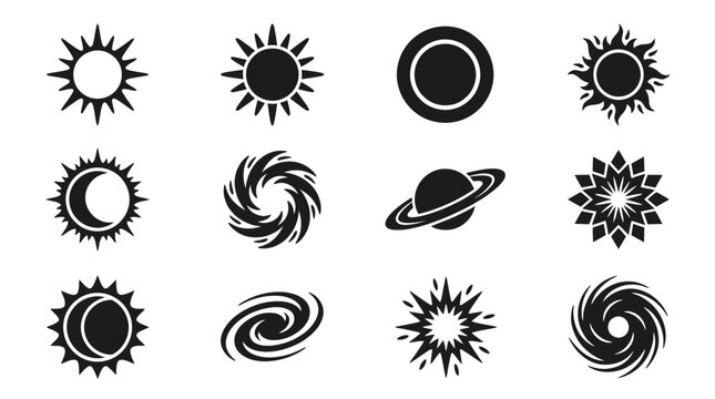 Collection of Celestial and Astronomical Icons Representing Sun Planets and Galaxies.