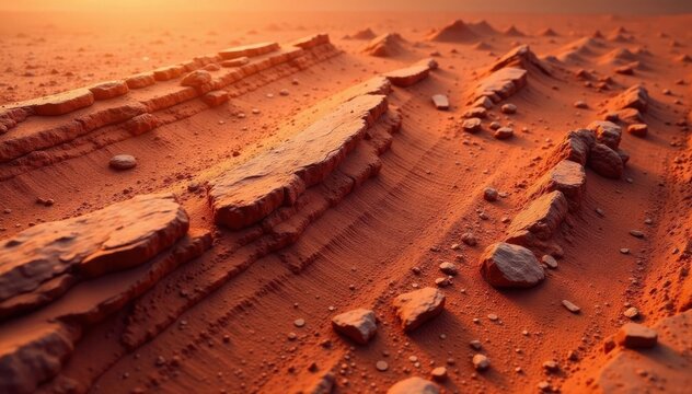 Deep red Martian soil reveals layered textures and striations , arid, stone, orange