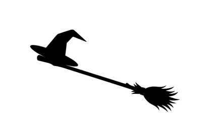 Halloween, Witch hat and broomstick silhouette vector, spooky Halloween magic icon on white background, mystical sorceress accessory for holiday party design Vector © Mst