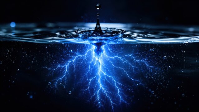 Electric storm lightning striking water at night. Dramatic blue energy discharge over dark ocean waves with high voltage impact.