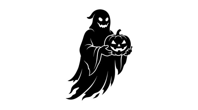 Halloween, Spooky Halloween ghost silhouette holding a carved jack-o-lantern pumpkin, black phantom spirit vector illustration, creepy reaper character for holiday decor Vector