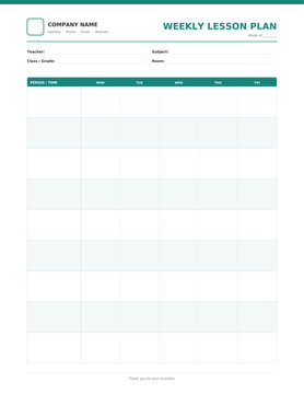 Weekly lesson plan template, professional printable template with editable text, clean minimalist layout for office and record keeping, isolated vector illustration on white background