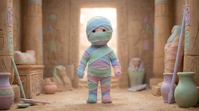 Cartoon mummy character standing in ancient egyptian ruins scene