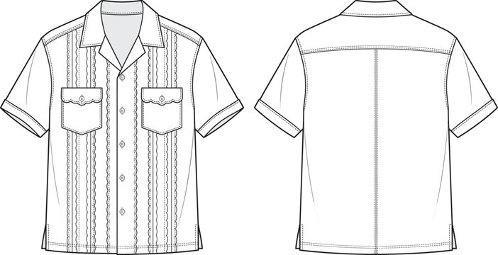 Men short sleeve guayabera shirt technical sketch vector template front and back view.