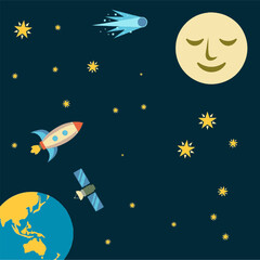 Cute Outer Space Vector Illustration with Moon and Rocket © aep