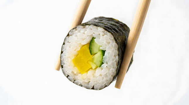 A single vegetable maki sushi roll with cucumber and pickled radish held between wooden chopsticks.