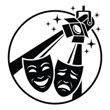 Theatrical comedy and tragedy masks with spotlight and stars graphic design element icon