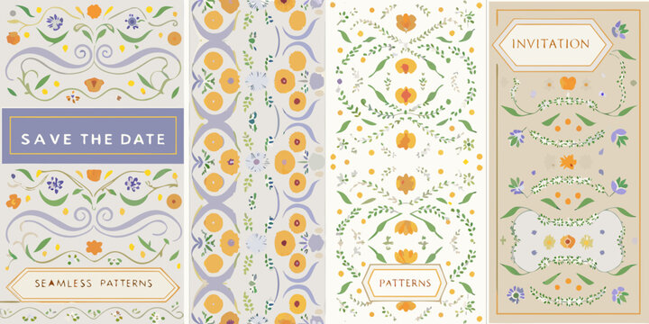 art nouveau floral patterns with invitation card design vector ornamental seamless flowers leaves scrolls vintage elegant decorative background illustration event save date wedding