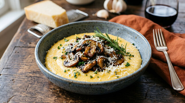 Creamy polenta topped with saut&eacute;ed mushrooms, parmesan, and rosemary served in a rustic bowl.