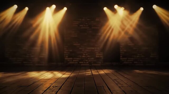 Empty theater stage with wooden floor and bright spotlights against a brick wall background