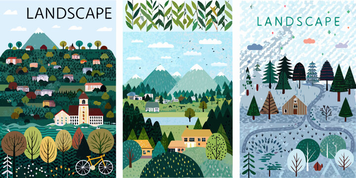 landscape collection of detailed vector posters poster mountains trees houses clouds bicycle seasonal scenic illustration artwork design graphic pattern nature outdoor travel tourism