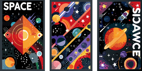 space posters colorful retro vector illustrations illustration design planets stars astronomy galaxy cosmos rocket saturn comet astronautics science fiction futuristic art exploration celestial © Bijoy