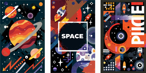 space posters with colorful retro futuristic design planets stars rockets astronauts galaxies cosmos universe vector illustration artwork graphic imagery science fiction exploration adventure © Bijoy