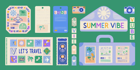 travel stickers in colorful retro style design summer vibe luggage tag passport stamp vacation theme illustration vector art concept holiday mood tourism industry © Bijoy