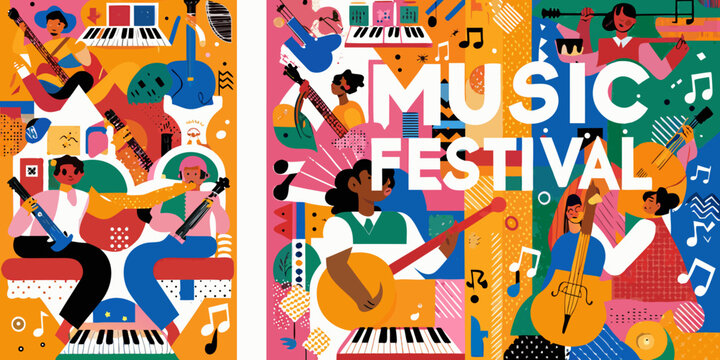 music festival posters colorful vector illustration musicians instruments guitar piano drums singers bands concerts events festivals artwork design graphic pattern vibrant dynamic celebration