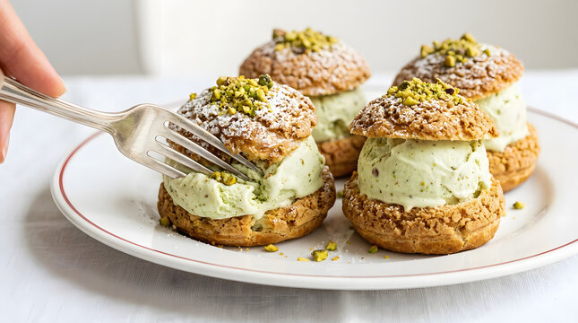 Choux pastry filled with pistachio ice cream, topped with crushed pistachio and powdered sugar.