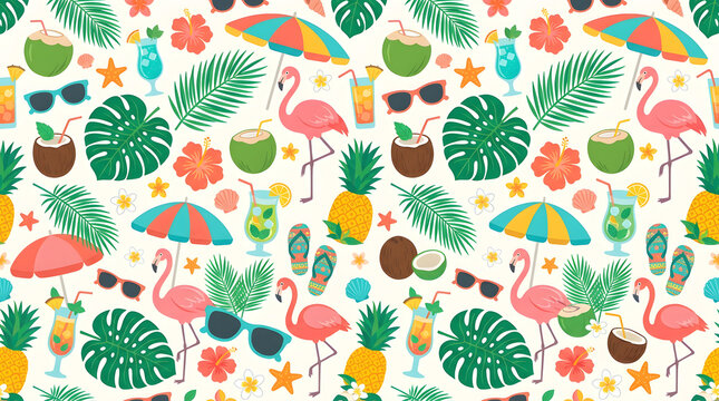 Cute tropical summer seamless pattern with pink flamingo, beach umbrella, pineapple, and coconut cocktail vector background illustration.