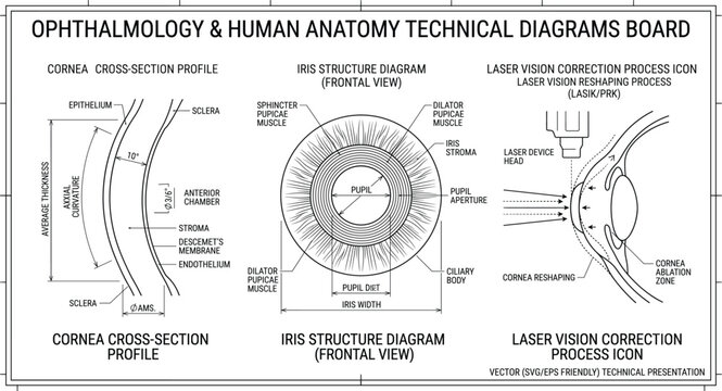 Ophthalmology and human eye anatomy technical diagrams vector illustration