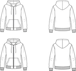 Unisex zip up hoodie sweatshirt technical flat sketch vector template front © Mizanur