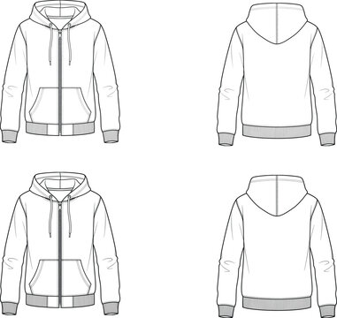 Unisex zip up hoodie sweatshirt technical flat sketch vector template front
