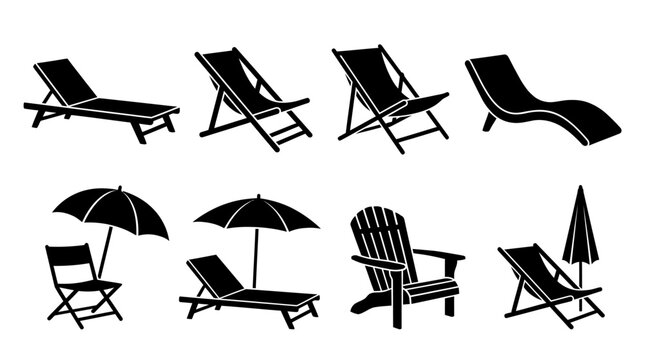 Silhouettes of outdoor lounge chairs and umbrellas arranged in two rows showing diverse reclining, shaded, Adirondack, and curved seating designs.