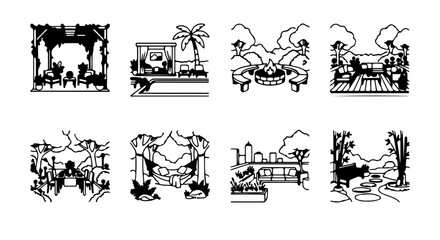 Fototapeta premium Vector Landscape Scenes, Tropical Resort, Cityscape, Nature Views, Black and White Illustrations