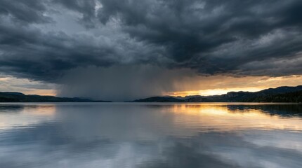 Obraz premium Dramatic Storm Clouds Reflected on Calm Lake at Sunset