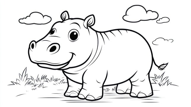 Cartoon hippo outline stands smiling on grass beneath fluffy clouds, ready to be colored