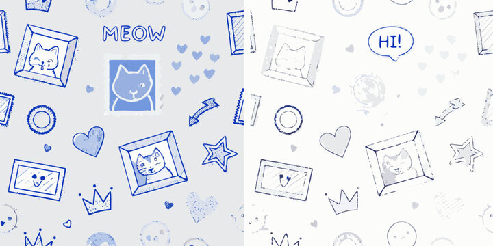 playful blue ink sketch photo frames and cat avatars cats drawing illustration pattern background hearts stars crowns speech bubbles meow cartoon funny childish