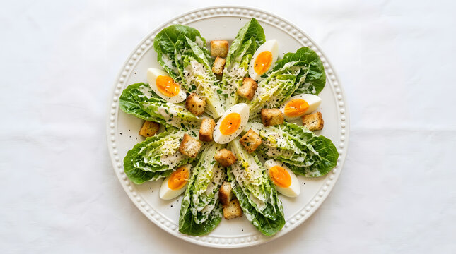 A gourmet Caesar salad artfully arranged with romaine leaves, croutons, and soft boiled eggs.
