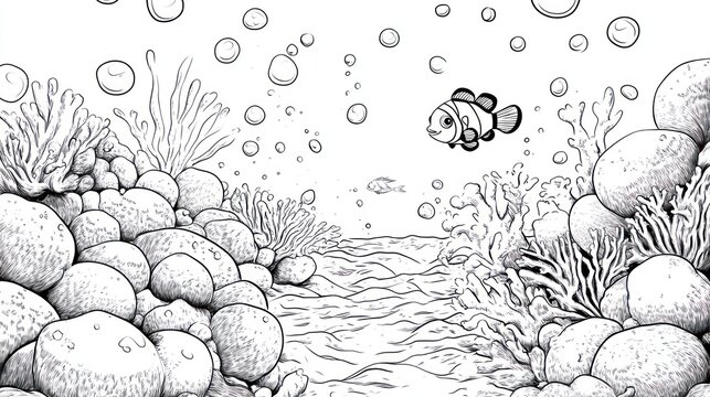Underwater scene with rocks, coral, bubbles, and a clownfish. Coloring page for kids