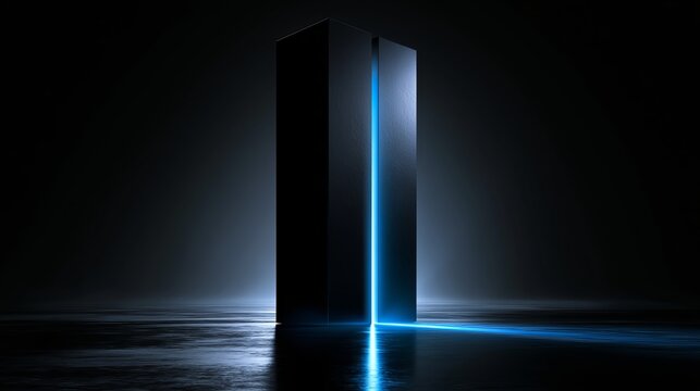 Matte black monolith with glowing blue energy line, Futuristic minimalist architectural background with luxury technology aesthetic.