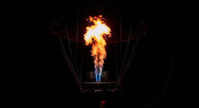 Fiery Hot Air Balloon Burner Igniting Flame in Darkness