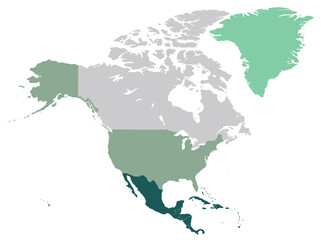 Fototapeta premium North America Continent Map Illustration with Green and Grey Regional Shading
