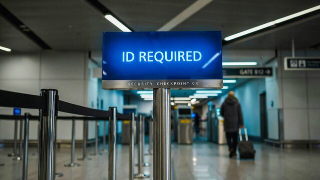 Airport security checkpoint with id required sign for passenger verification