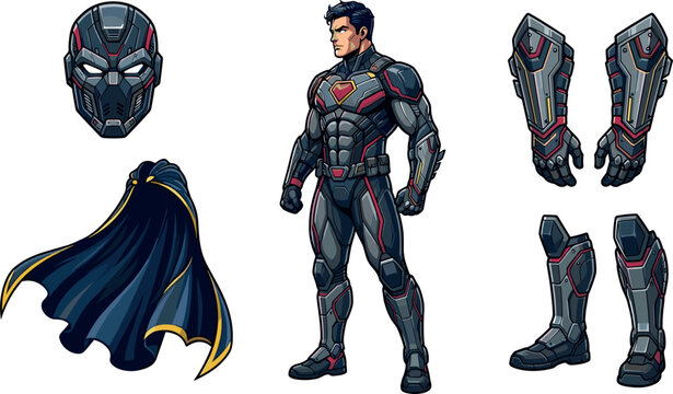 Futuristic Mecha Superhero Character Design Set with Robot Armor Suit Helmet Tech Gauntlets Cape and Combat Boots Vector Elements for Gaming Assets