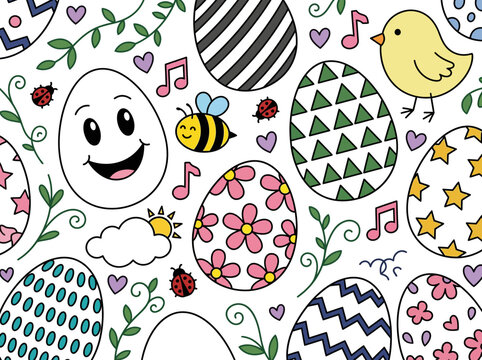 Cute Hand-Drawn Easter Egg Doodle Pattern with Chick and Bee Icons