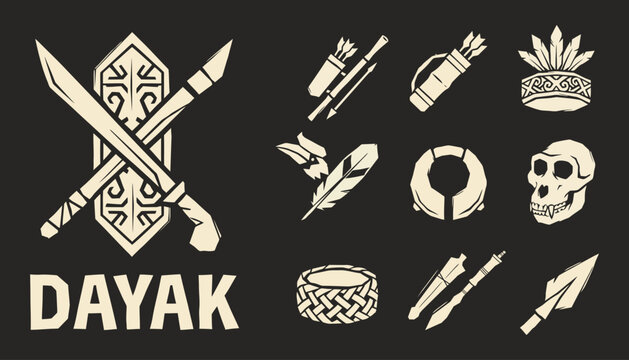 Dayak Traditional Weaponry and Tribal Cultural Artifacts Flat Vector Illustration Set