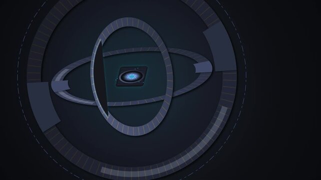 Futuristic rotating gimbal stabilizer animation with central camera lens and glowing elements