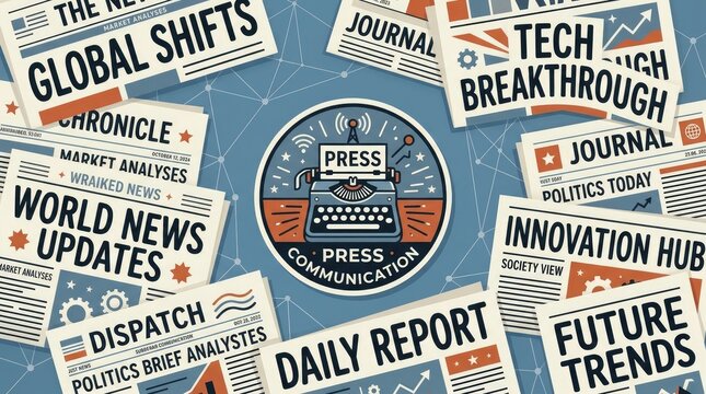 Vintage typewriter icon surrounded by various global newspaper headlines featuring bold typography and flat design elements