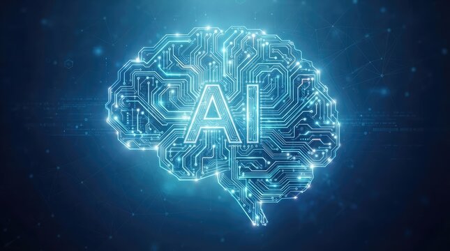 Futuristic artificial intelligence brain circuitry concept in glowing blue digital light with background symbolizing advanced composed intricate circuitry