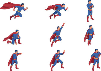 Obraz premium Isometric Superhero Character Action Pose Set with Flying Running Kneeling Fighting and Standing Hero Poses in Blue Suit and Red Cape Vector Illustrations