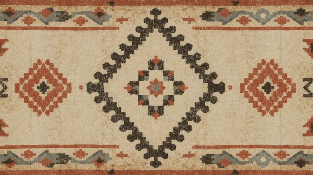 Vintage Bohemian Kilim Style Carpet Texture with Geometric Diamond Ornament and Weathered Finish