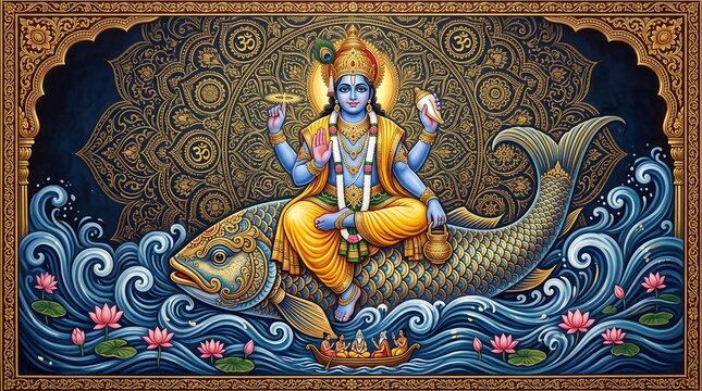Matsya Avatar Lord Vishnu Seated on a Giant Fish with Lotus Flowers and Mandala Background