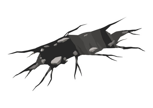 Vector illustration of a deep ground crack with stones and rock debris caused by earthquake on transparent background