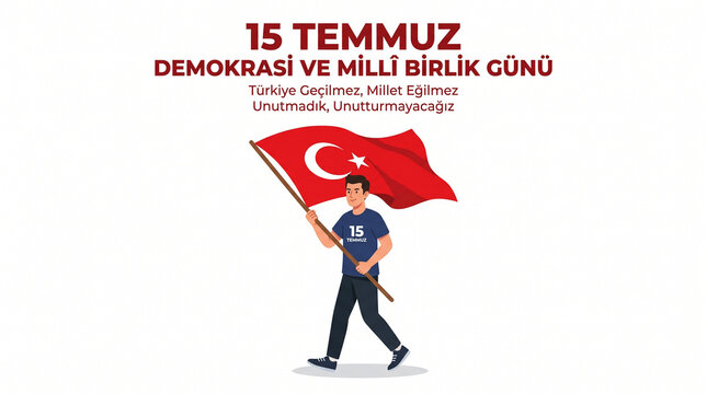 July 15 democracy and national unity day celebration design with a man holding turkish flag vector illustration