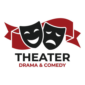 Theater drama comedy logo with masks and red ribbon  acting performance symbol icon